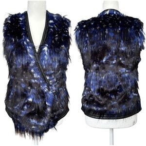 June by June Ambrose Faux Fur Faux Leather Snap Button Black Blue Vest NWT XS